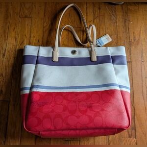 Coach Legacy Signature Painted Stripe PVC Large Tote Bag Leather 13" X 17"